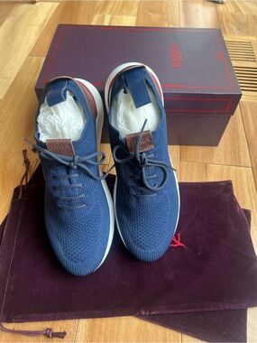 Isaia Navy Knit Lace-Up Men's Sneaker with Leather Tongue Patch - worn once!